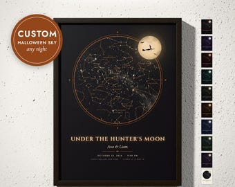 Custom Halloween Star Map with Full Moon and Witch, Night Sky Print of Any Date, Hunter's Moon Star Chart, Spooky Gift, Framed or Canvas