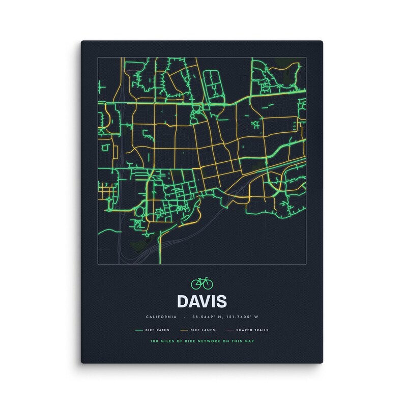 Real product photo: the Custom Bike Map Print on 1.25 in (3.2 cm) deep canvas, seen from the side