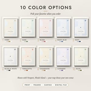 The Guest Book Map in all 10 color options, numbered 1 to 10 with their names