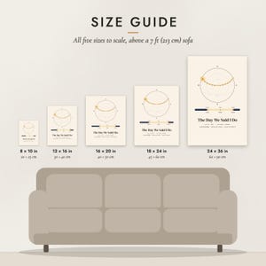 Size guide: 8×10, 12×16, 16×20, 18×24, 24×36 inch prints shown to scale above a sofa