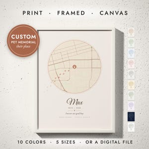 Pet Memorial Map print in a white frame on a white wall — print, framed, canvas or digital file, 10 colors, 5 sizes