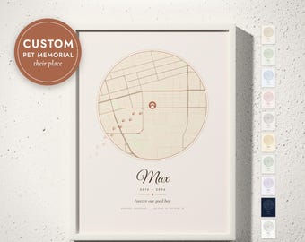 Pet Memorial Map Print, Custom Dog or Cat Remembrance Gift with Paw Prints, Pet Loss Sympathy Gift, Personalized Home Map, Framed or Canvas