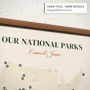 Close-up of the personalized title and details on the National Parks Map print