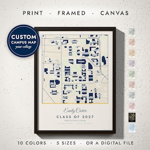 Campus Map print in a black frame on a white wall — print, framed, canvas or digital file, 10 colors, 5 sizes