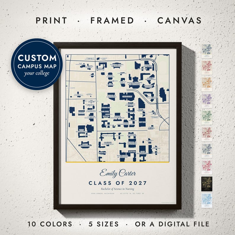 Campus Map print in a black frame on a white wall — print, framed, canvas or digital file, 10 colors, 5 sizes
