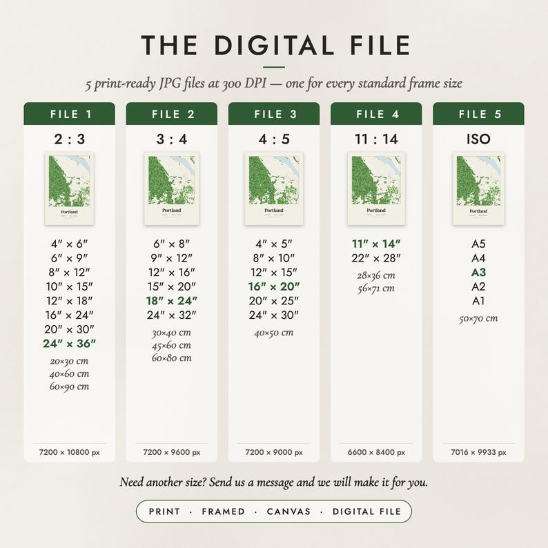 The Digital File option: five print-ready JPG files in 2:3, 3:4, 4:5, 11:14 and ISO ratios at 300 DPI