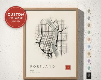Ink Wash City Map Print, Japandi Wall Art, Custom Map in Brush and Ink with Red Seal, Zen Decor, Housewarming Gift, Framed or Canvas Print
