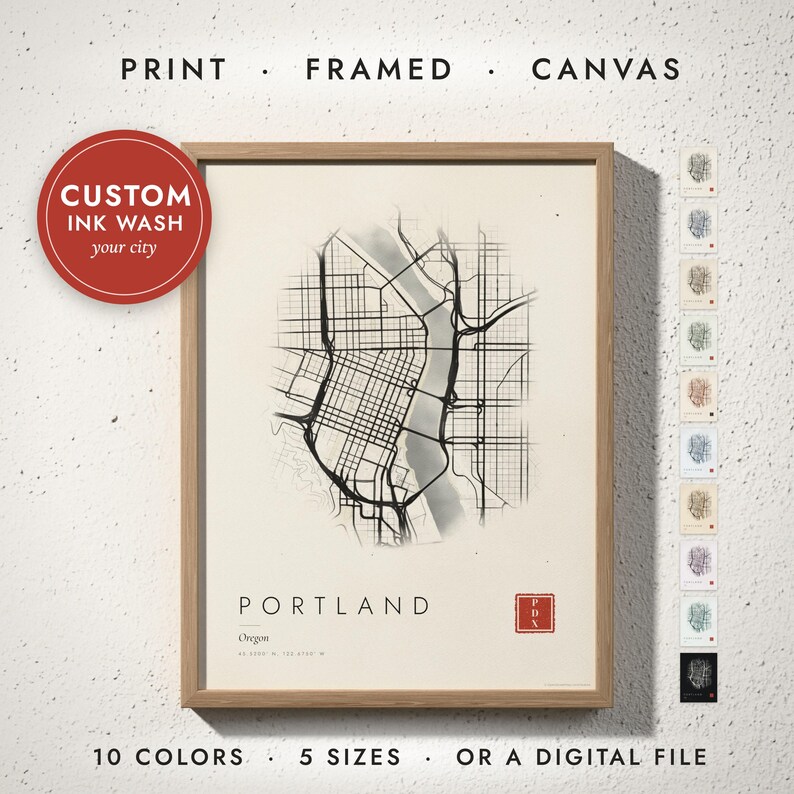 Ink Wash City Map print in a natural oak frame on a white wall — print, framed, canvas or digital file, 10 colors, 5 sizes