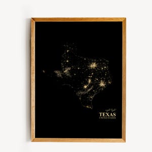 Carte du Texas avec lumière nocturne, téléchargement numérique, 2 variantes de couleurs, 6 tailles, avec Canva