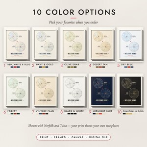 The Military Homecoming Map in all 10 color options, numbered 1 to 10 with their names