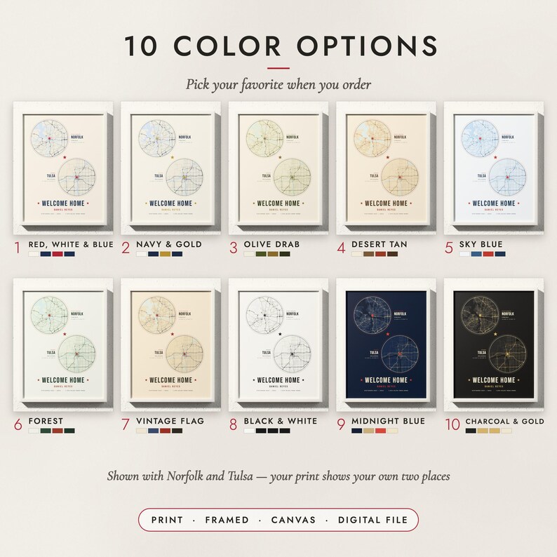 The Military Homecoming Map in all 10 color options, numbered 1 to 10 with their names