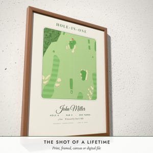 Three-quarter view of the framed Hole-In-One Print poster on a white plaster wall