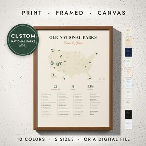 National Parks Map print in a walnut frame on a white wall — print, framed, canvas or digital file, 10 colors, 5 sizes