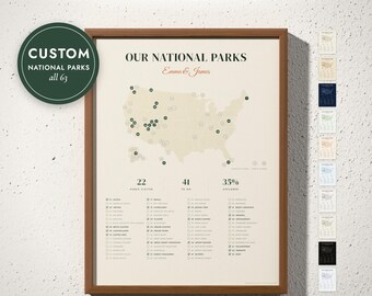 National Parks Map Print, Personalized Visited National Parks Checklist Poster, All 63 US Parks, Hiking and Adventure Gift, Framed or Canvas