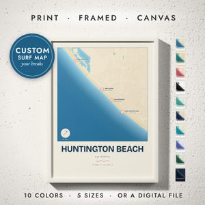 Surf Break Map print in a white frame on a white wall — print, framed, canvas or digital file, 10 colors, 5 sizes