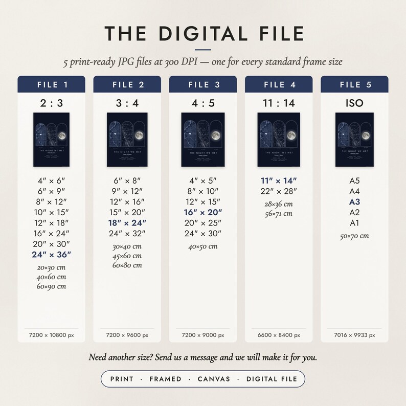 The Digital File option: five print-ready JPG files in 2:3, 3:4, 4:5, 11:14 and ISO ratios at 300 DPI