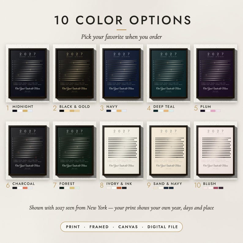 The Moon Phase Calendar in all 10 color options, numbered 1 to 10 with their names