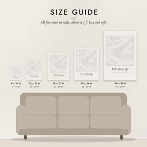 Size guide: 8×10, 12×16, 16×20, 18×24, 24×36 inch prints shown to scale above a sofa