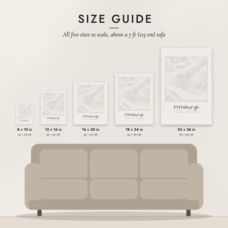 Size guide: 8×10, 12×16, 16×20, 18×24, 24×36 inch prints shown to scale above a sofa