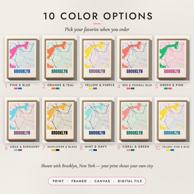 The Risograph City Map in all 10 color options, numbered 1 to 10 with their names