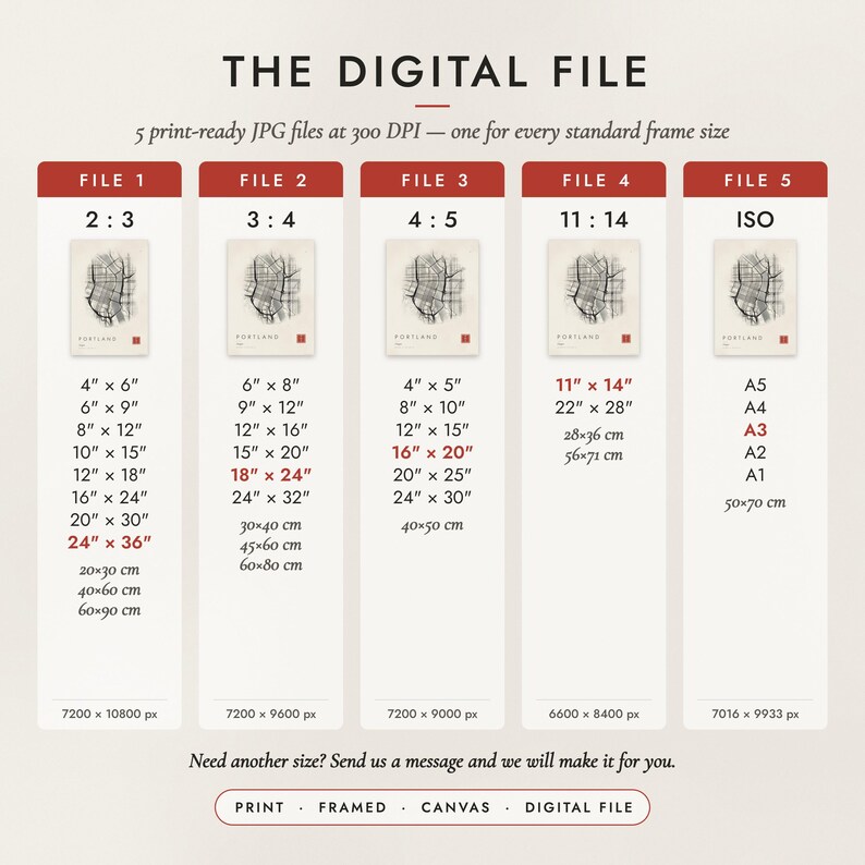 The Digital File option: five print-ready JPG files in 2:3, 3:4, 4:5, 11:14 and ISO ratios at 300 DPI