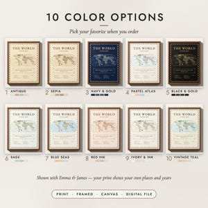 The Antique World Map in all 10 color options, numbered 1 to 10 with their names