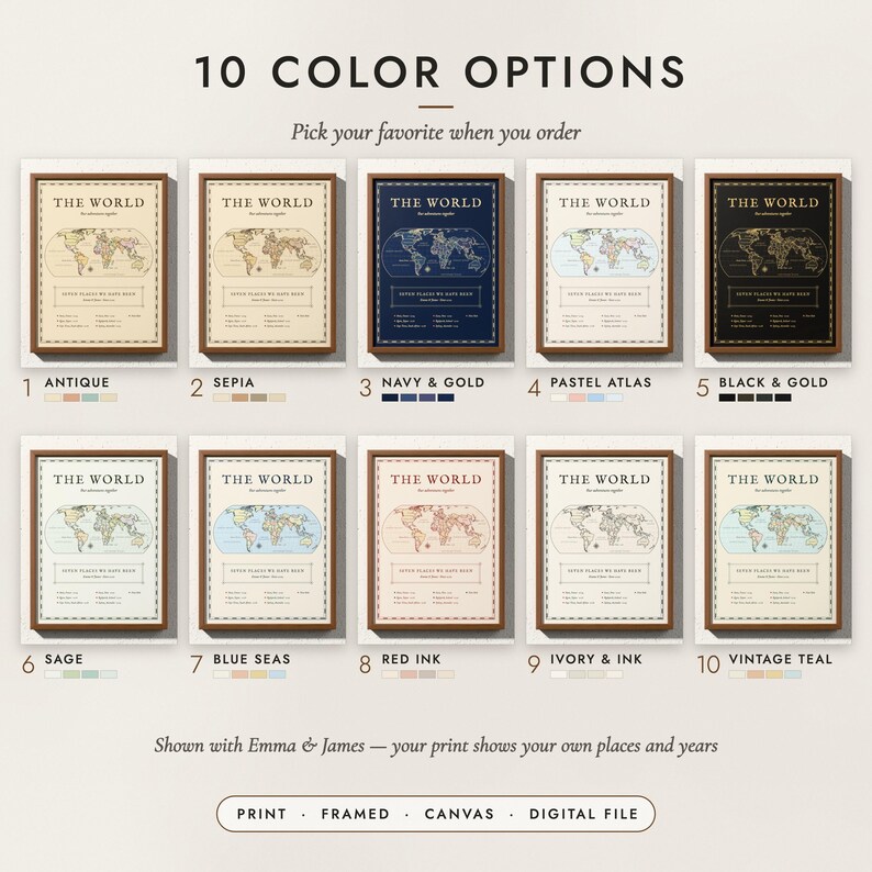 The Antique World Map in all 10 color options, numbered 1 to 10 with their names