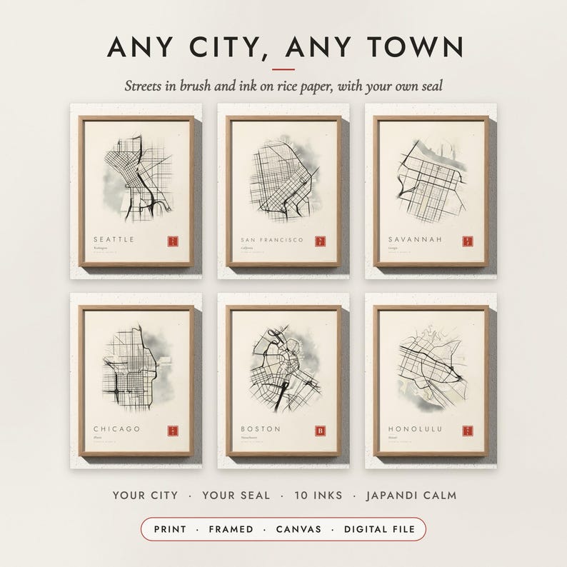 Ink Wash City Map examples for six places