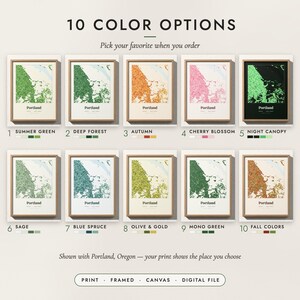 The Urban Forest Map in all 10 color options, numbered 1 to 10 with their names