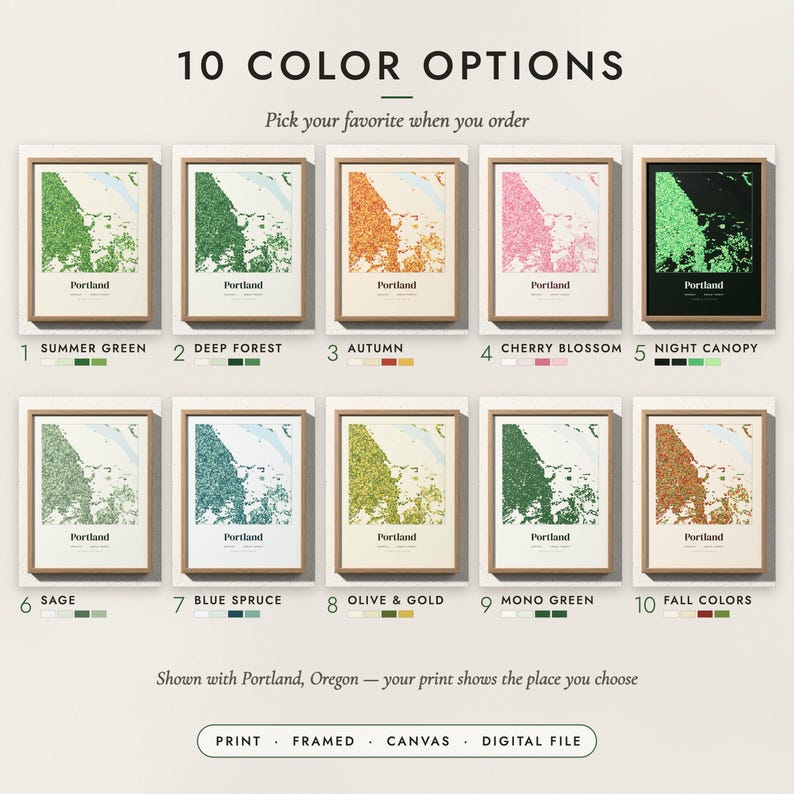 The Urban Forest Map in all 10 color options, numbered 1 to 10 with their names