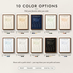 The National Parks Map in all 10 color options, numbered 1 to 10 with their names