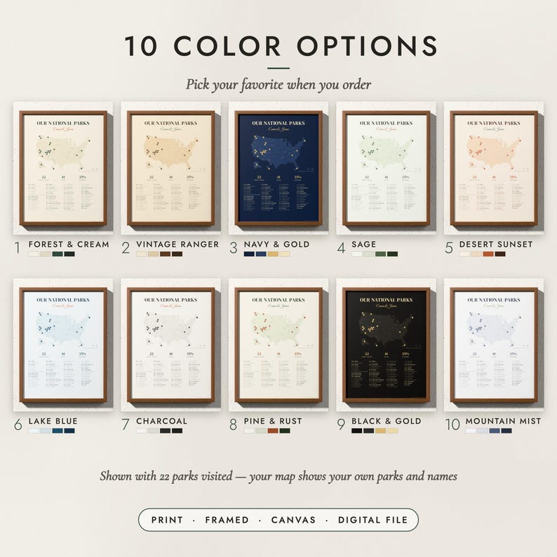 The National Parks Map in all 10 color options, numbered 1 to 10 with their names