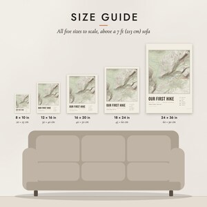 Size guide: 8×10, 12×16, 16×20, 18×24, 24×36 inch prints shown to scale above a sofa