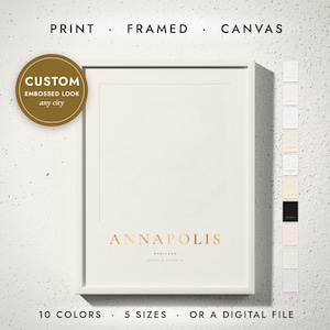 Embossed City Map print in a white frame on a white wall — print, framed, canvas or digital file, 10 colors, 5 sizes