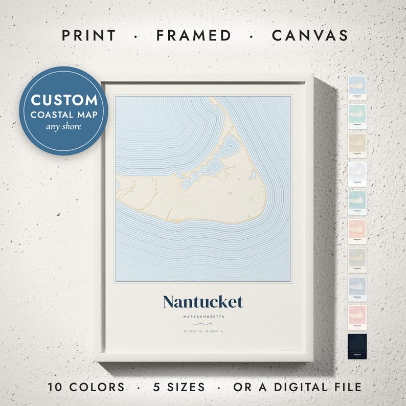 Coastal Contour Map print in a white frame on a white wall — print, framed, canvas or digital file, 10 colors, 5 sizes