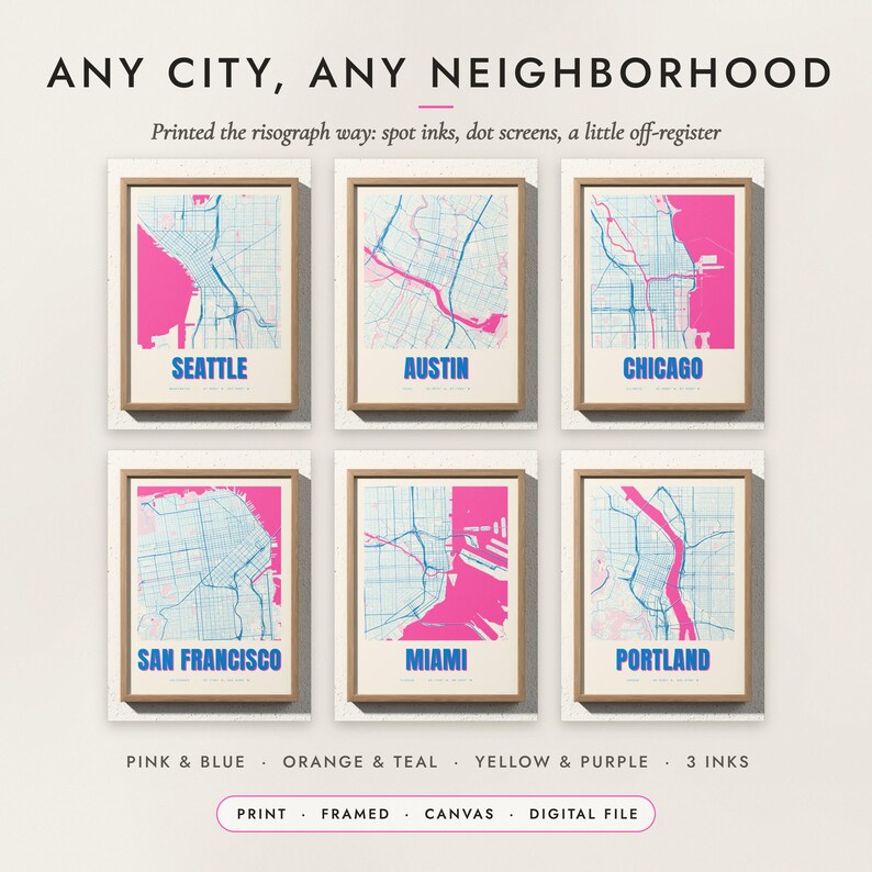 Risograph City Map examples for six cities