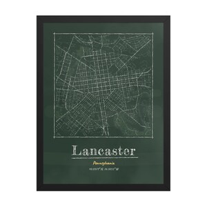 Real product photo: the Custom Chalkboard City Map Print in the black wood frame with a clear acrylic front