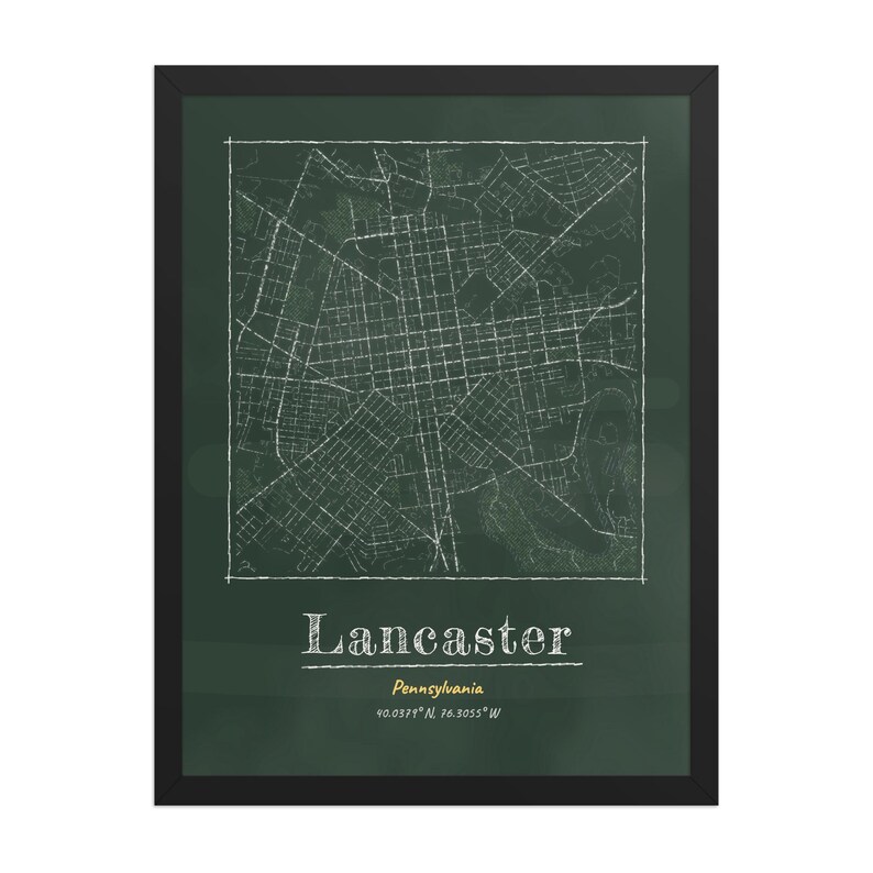 Real product photo: the Custom Chalkboard City Map Print in the black wood frame with a clear acrylic front