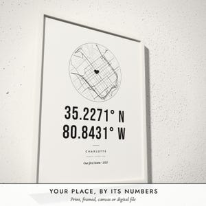 Three-quarter view of the framed Coordinates Print poster on a white plaster wall