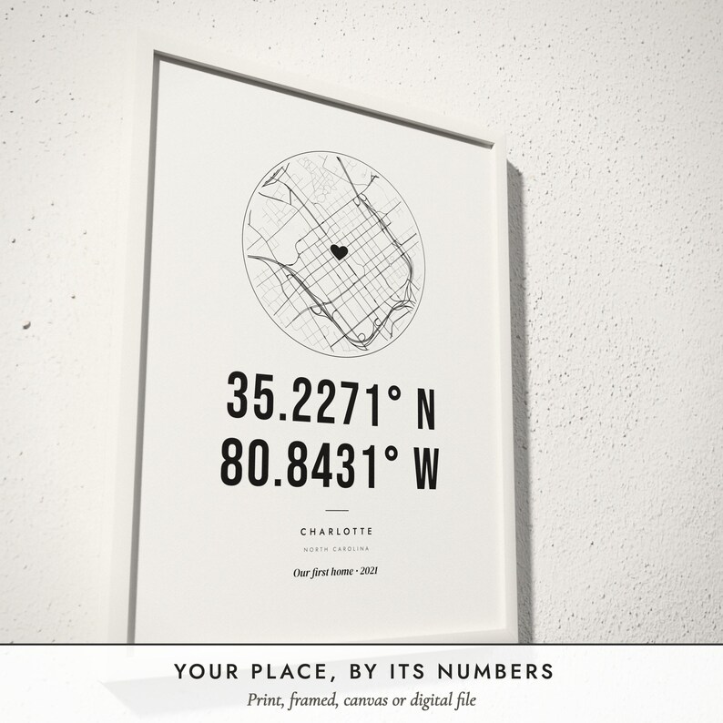Three-quarter view of the framed Coordinates Print poster on a white plaster wall