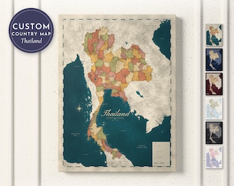 Thailand Map Print, Personalized Thailand Wall Art for Canvas or Poster, Detailed Map with Cities, Thai Gift, Framed, Canvas or Digital