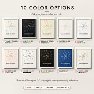 The Metro Line Map in all 10 color options, numbered 1 to 10 with their names