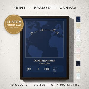 Flight Path Map print in a black frame on a white wall — print, framed, canvas or digital file, 10 colors, 5 sizes