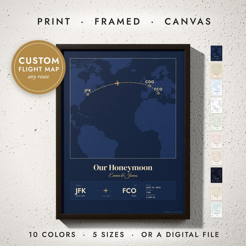 Flight Path Map print in a black frame on a white wall — print, framed, canvas or digital file, 10 colors, 5 sizes