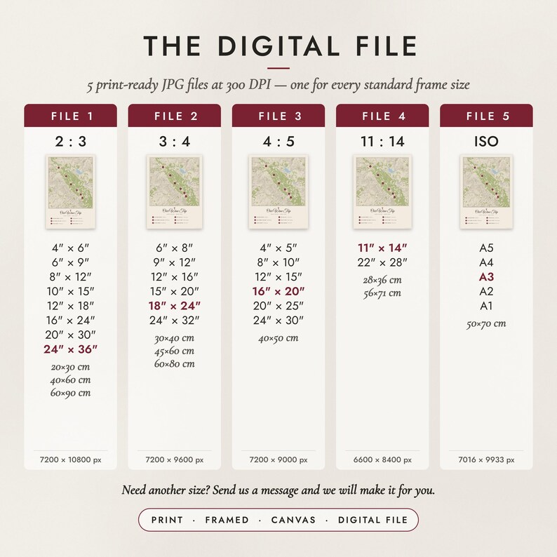 The Digital File option: five print-ready JPG files in 2:3, 3:4, 4:5, 11:14 and ISO ratios at 300 DPI