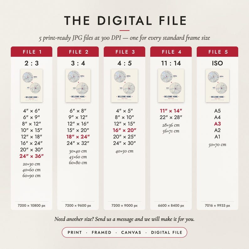 The Digital File option: five print-ready JPG files in 2:3, 3:4, 4:5, 11:14 and ISO ratios at 300 DPI