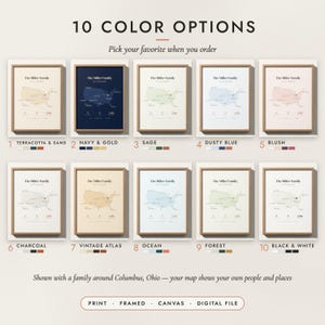 The Family Near & Far Map in all 10 color options, numbered 1 to 10 with their names
