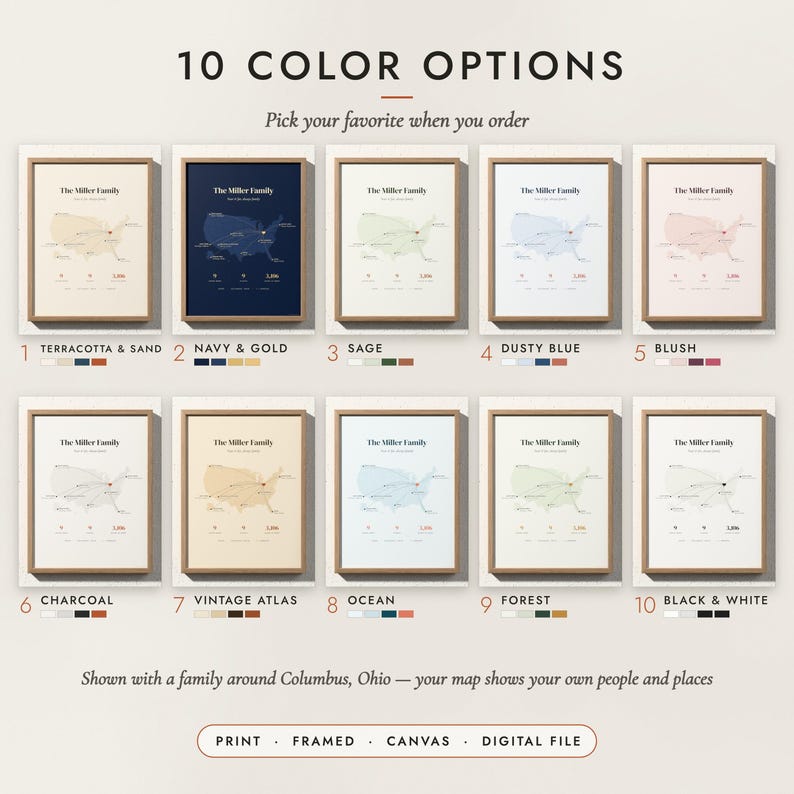 The Family Near & Far Map in all 10 color options, numbered 1 to 10 with their names