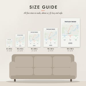 Size guide: 8×10, 12×16, 16×20, 18×24, 24×36 inch prints shown to scale above a sofa