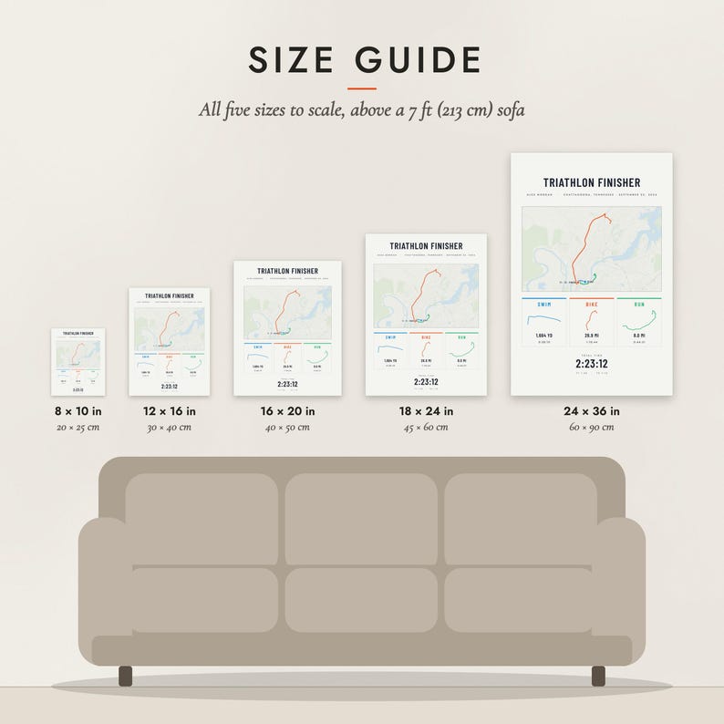 Size guide: 8×10, 12×16, 16×20, 18×24, 24×36 inch prints shown to scale above a sofa